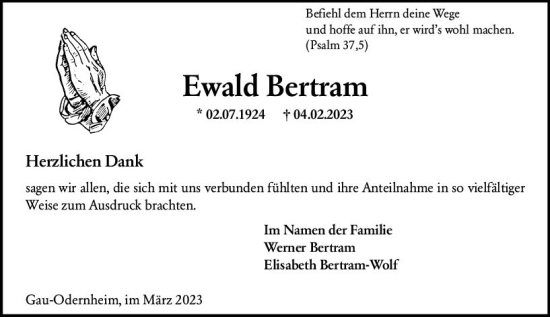 Traueranzeige von Ewald Bertram von Allgemeine Zeitung Alzey