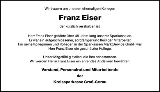 Traueranzeige von Franz Eiser von Rüsselsheimer Echo