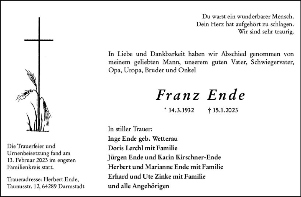  Traueranzeige für Franz Ende vom 04.03.2023 aus Darmstädter Echo