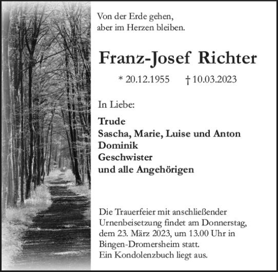 Traueranzeige von Franz-Josef Richter von Bingen/Ingelheim WOBL inkl. Neue Binger Ztg.