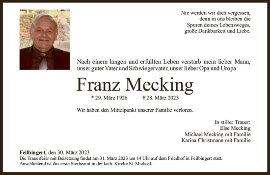 Traueranzeige von Franz Mecking von Allgemeine Zeitung Bad Kreuznach