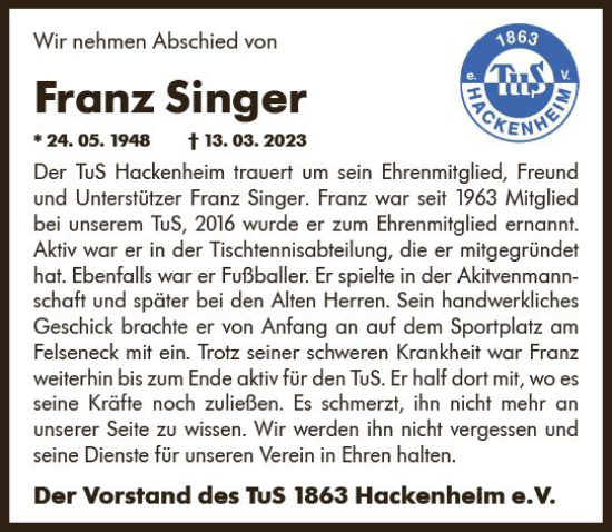 Traueranzeige von Franz Singer von Allgemeine Zeitung Bad Kreuznach