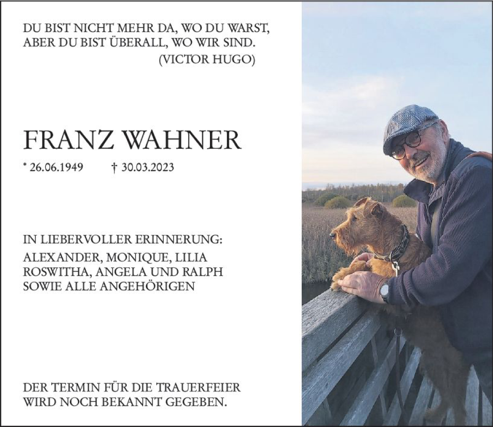 Traueranzeige für Franz Wahner vom 01.04.2023 aus Allgemeine Zeitung Alzey