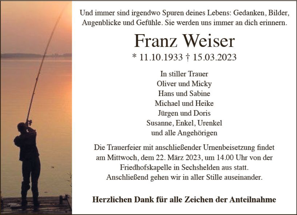  Traueranzeige für Franz Weiser vom 18.03.2023 aus Dill Block