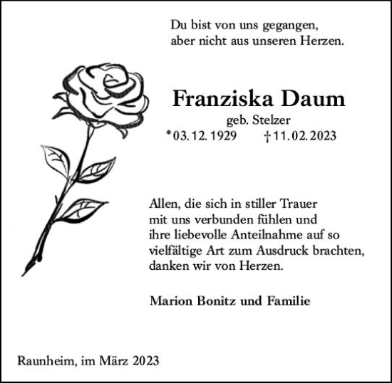 Traueranzeige von Franziska Daum von Rüsselsheimer Echo