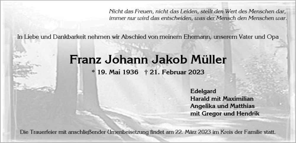  Traueranzeige für Franz Johann Jakob Müller vom 04.03.2023 aus Wiesbadener Kurier