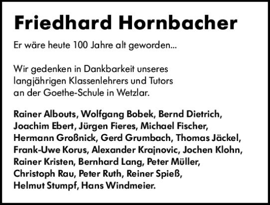 Traueranzeige von Friedhard Hornbacher von Wetzlarer Neue Zeitung