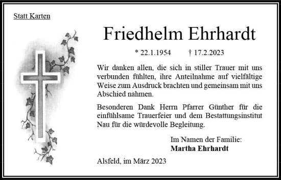 Traueranzeige von Friedhelm Ehrhardt von Oberhessen Kurier