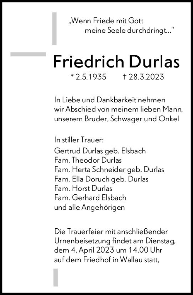  Traueranzeige für Friedrich Durlas vom 31.03.2023 aus Hinterländer Anzeiger