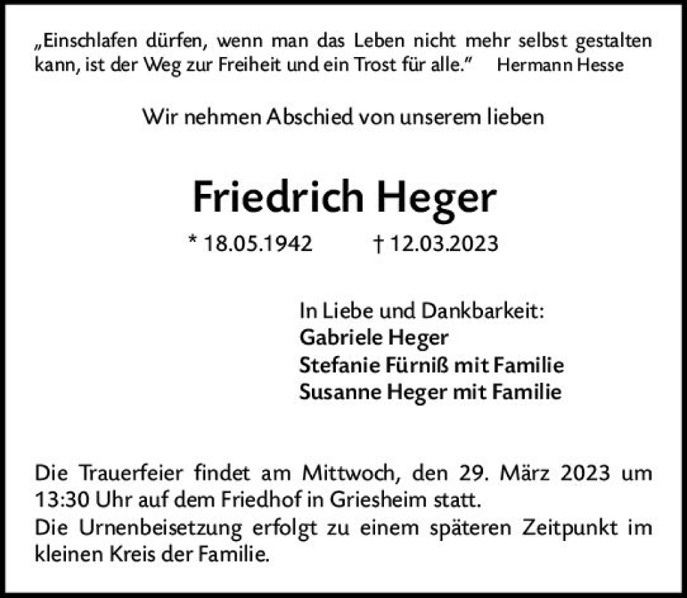  Traueranzeige für Friedrich Heger vom 18.03.2023 aus Darmstädter Echo