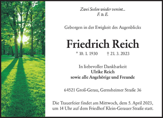 Traueranzeige von Friedrich Reich von Groß-Gerauer Echo