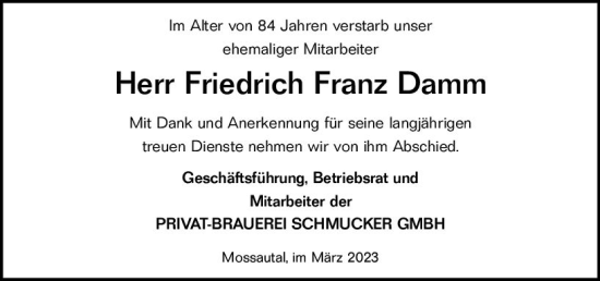Traueranzeige von Friedrich Franz Damm von Odenwälder Echo