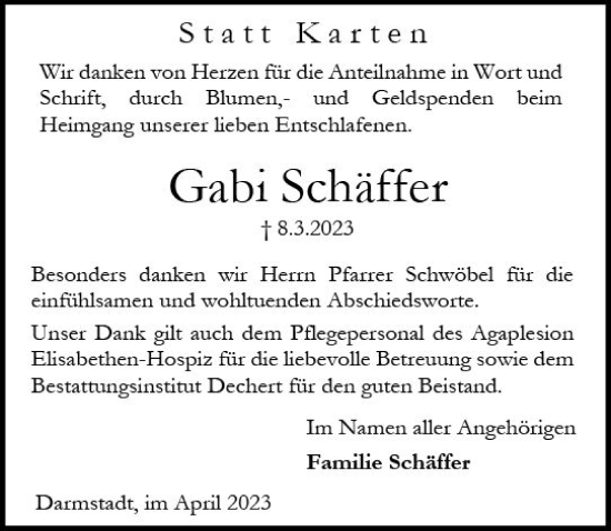 Traueranzeige von Gabi Schäffer von Darmstädter Echo