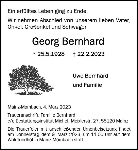 Traueranzeige von Georg Bernhard von Allgemeine Zeitung Mainz