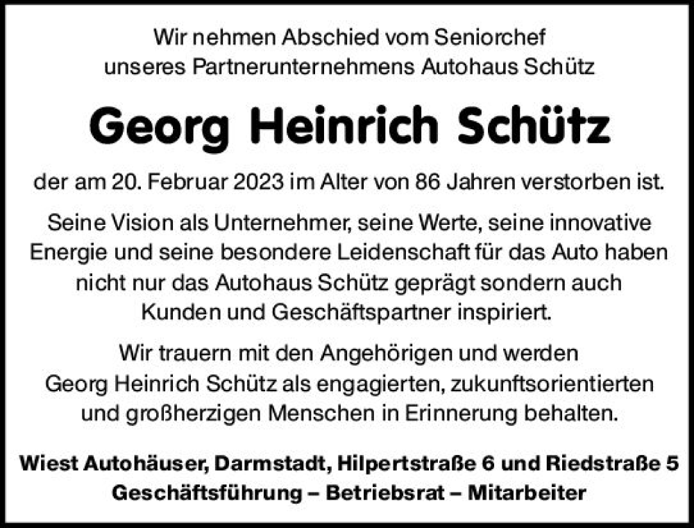  Traueranzeige für Georg Heinrich Schütz vom 11.03.2023 aus Darmstädter Echo