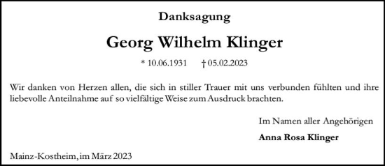 Traueranzeige von Georg Wilhelm Klinger von Allgemeine Zeitung Mainz