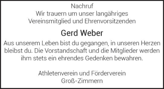 Traueranzeige von Gerd Weber von Dieburger Anzeiger/Groß-Zimmerner Lokal-Anzeiger