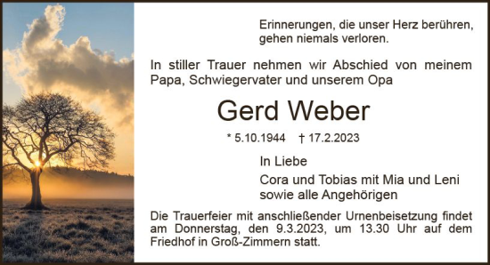 Traueranzeige von Gerd Weber von Dieburger Anzeiger/Groß-Zimmerner Lokal-Anzeiger