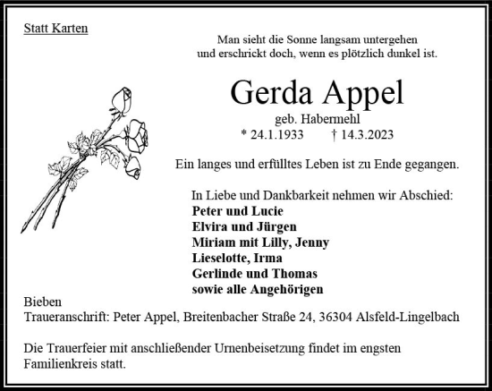 Traueranzeige von Gerda Appel von Oberhessische Zeitung