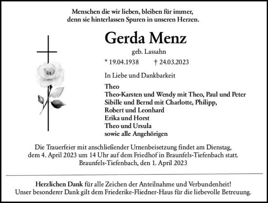 Traueranzeige von Gerda Menz von Wetzlarer Neue Zeitung