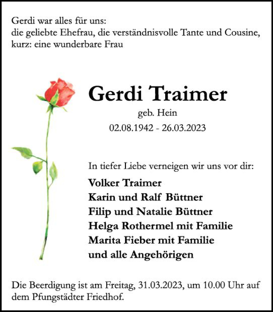  Traueranzeige für Gerdi Traimer vom 29.03.2023 aus Darmstädter Echo