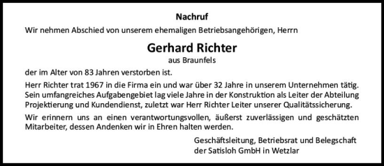 Traueranzeige von Gerhard Richter von Wetzlarer Neue Zeitung