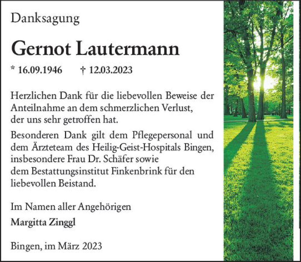  Traueranzeige für Gernot Lautermann vom 01.04.2023 aus Allgemeine Zeitung Bingen/Ingelheim