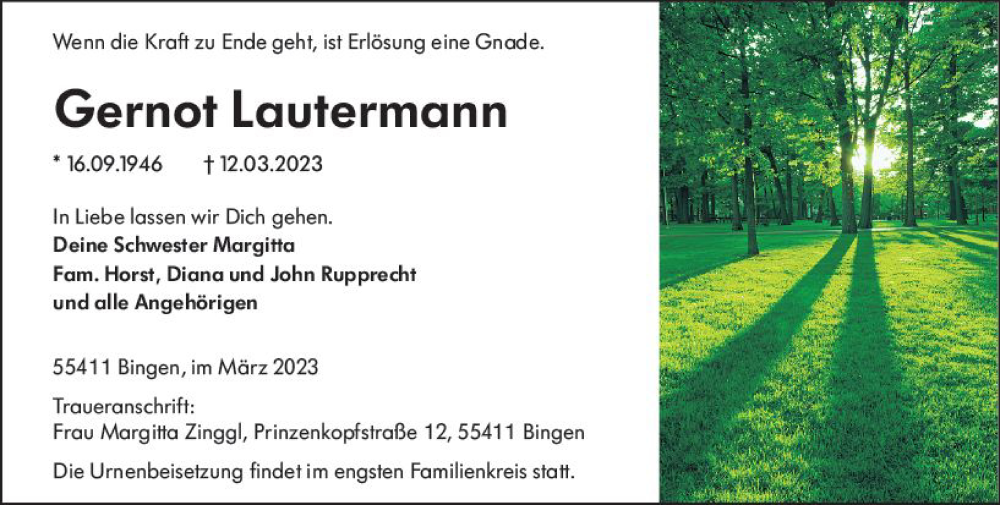  Traueranzeige für Gernot Lautermann vom 18.03.2023 aus Allgemeine Zeitung Bingen/Ingelheim