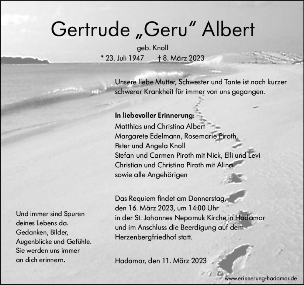  Traueranzeige für Gertrude Albert vom 11.03.2023 aus Nassauische Neue Presse