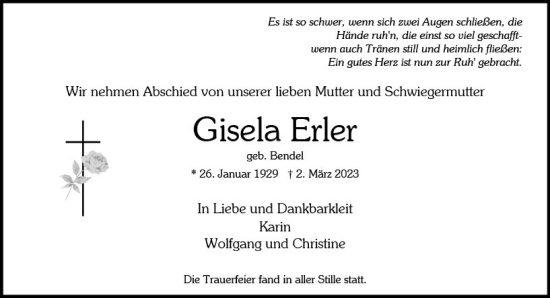 Traueranzeige von Gisela Erler von Wiesbadener Kurier