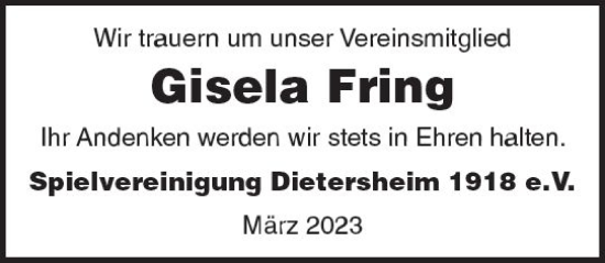 Traueranzeige von Gisela Fring von Bingen/Ingelheim WOBL inkl. Neue Binger Ztg.
