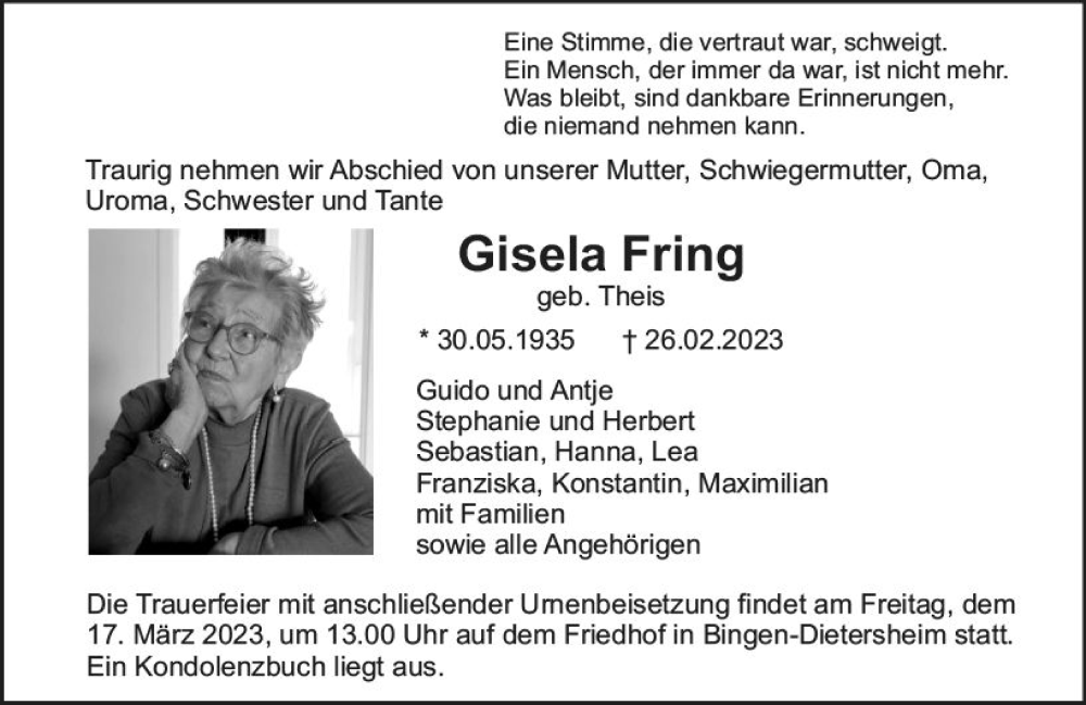  Traueranzeige für Gisela Fring vom 11.03.2023 aus Bingen/Ingelheim WOBL inkl. Neue Binger Ztg.
