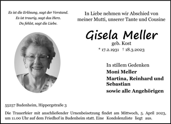 Traueranzeige von Gisela Meller von Allgemeine Zeitung Mainz