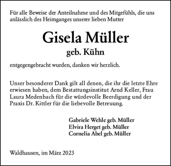 Traueranzeige von Gisela Müller von Weilburger Tageblatt