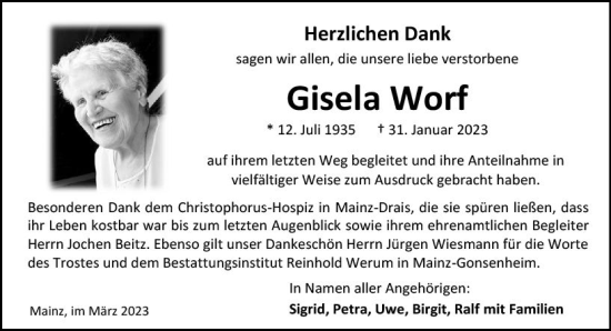 Traueranzeige von Gisela Warf von Allgemeine Zeitung Mainz