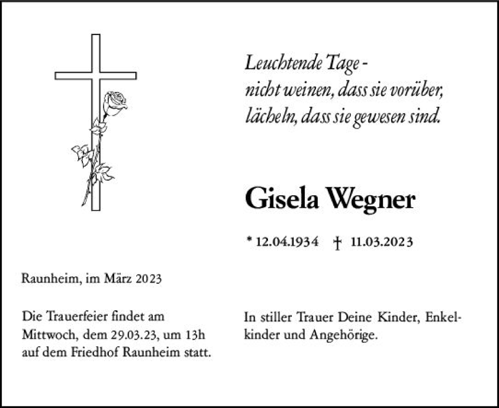  Traueranzeige für Gisela Wegner vom 25.03.2023 aus Rüsselsheimer Echo