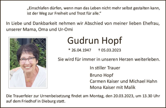 Traueranzeige von Gudrun Hopf von Dieburger Anzeiger/Groß-Zimmerner Lokal-Anzeiger