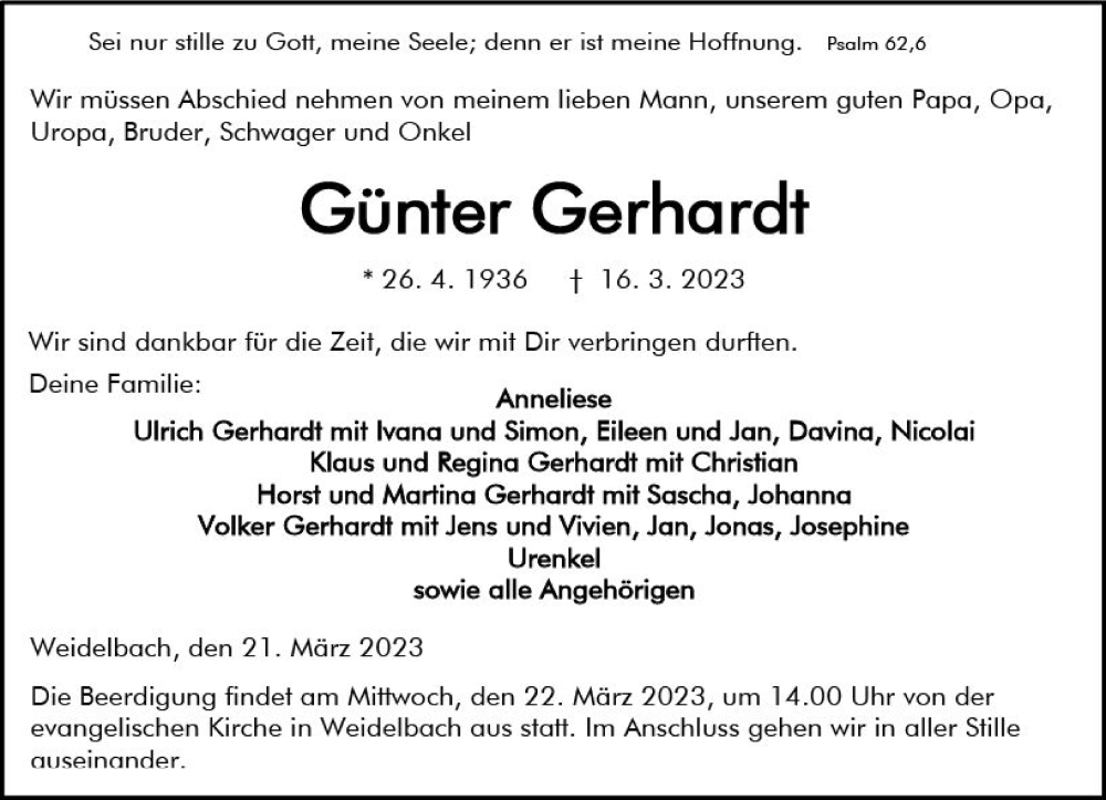  Traueranzeige für Günter Gerhardt vom 21.03.2023 aus Dill Block