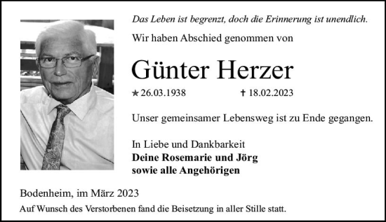 Traueranzeige von Günter Herzer von Allgemeine Zeitung Mainz