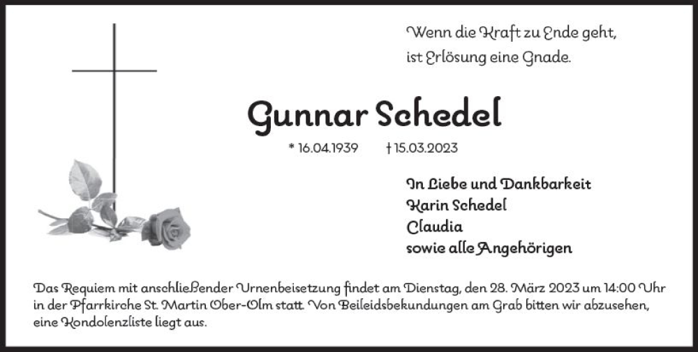  Traueranzeige für Gunnar Schedel vom 25.03.2023 aus Allgemeine Zeitung Mainz