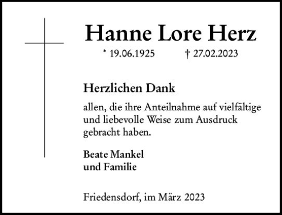 Traueranzeige von Hanne Lore Herz von Hinterländer Anzeiger