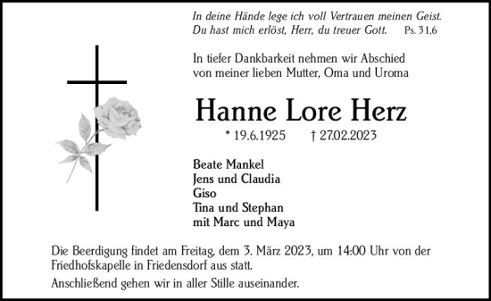 Traueranzeige von Hanne Lore Herz von Hinterländer Anzeiger