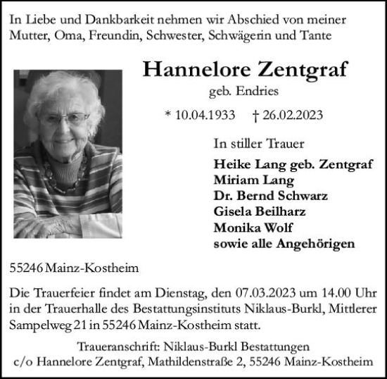 Traueranzeige von Hannelore Zentgraf von Allgemeine Zeitung Mainz