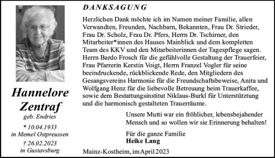 Traueranzeige von Hannelore Zentraf von Allgemeine Zeitung Mainz