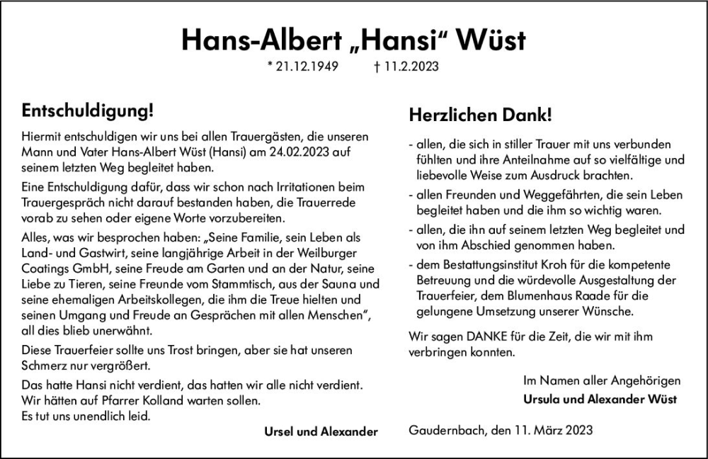  Traueranzeige für Hans-Albert Wüst vom 11.03.2023 aus Weilburger Tageblatt