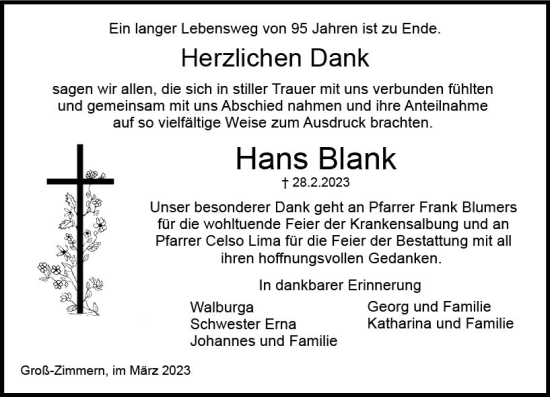 Traueranzeige von Hans Blank von Dieburger Anzeiger/Groß-Zimmerner Lokal-Anzeiger