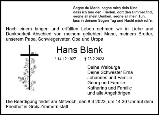 Traueranzeige von Hans Blank von Dieburger Anzeiger/Groß-Zimmerner Lokal-Anzeiger