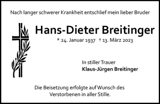 Traueranzeige von Hans-Dieter Breitinger von Allgemeine Zeitung Mainz