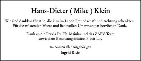 Traueranzeige von Hans-Dieter Klein von Wiesbadener Kurier