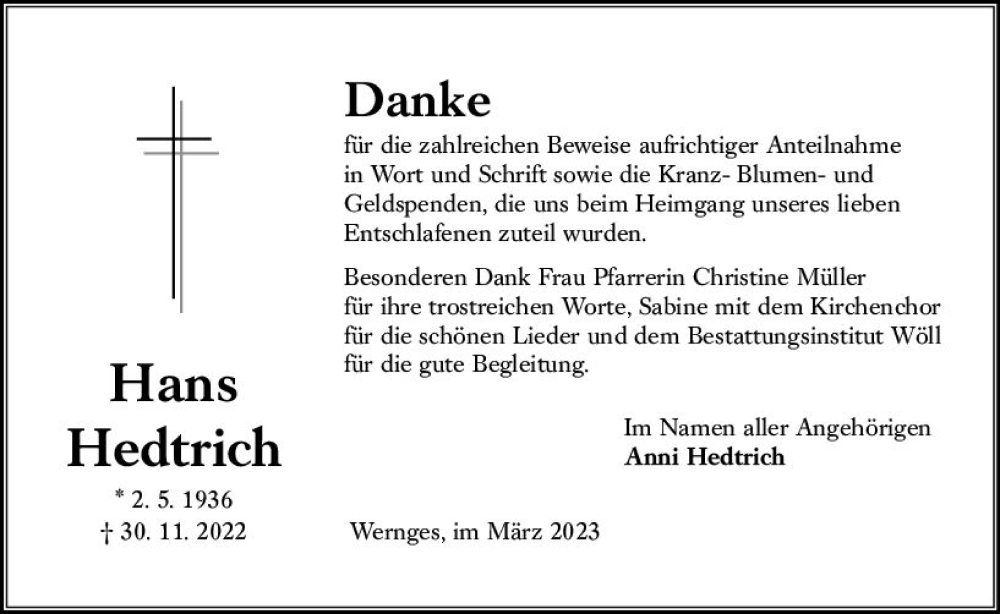  Traueranzeige für Hans Hedtrich vom 18.03.2023 aus Lauterbacher Anzeiger